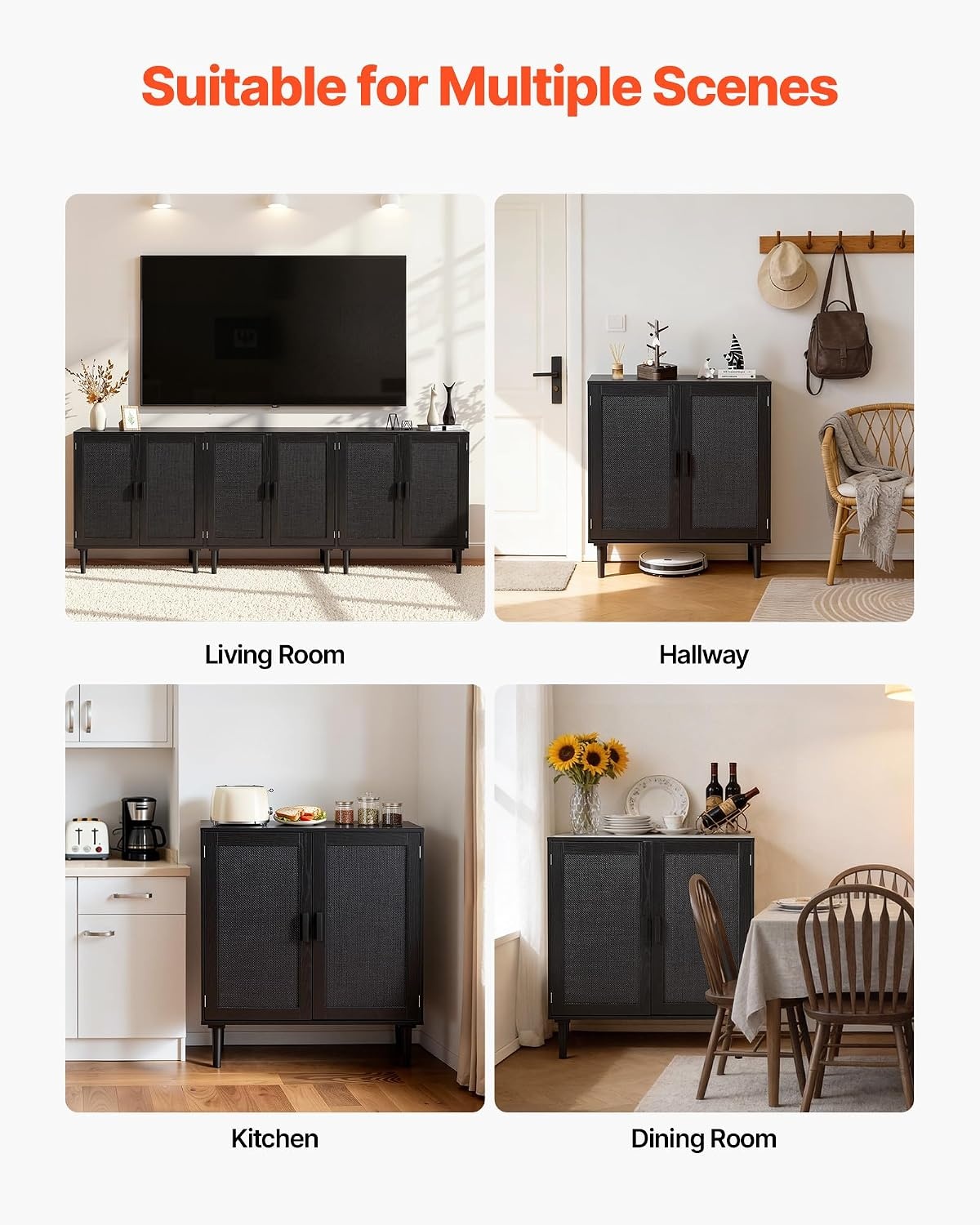 image:imageVEVOR Buffet Cabinet Rattan Sideboard Cabinet with 2 Magnetic Doors and Adjustable Shelves Accent Sideboard Buffet with Wooden Legs amp Power Cord Hole for Hallway Entryway Kitchen BlackPure Black