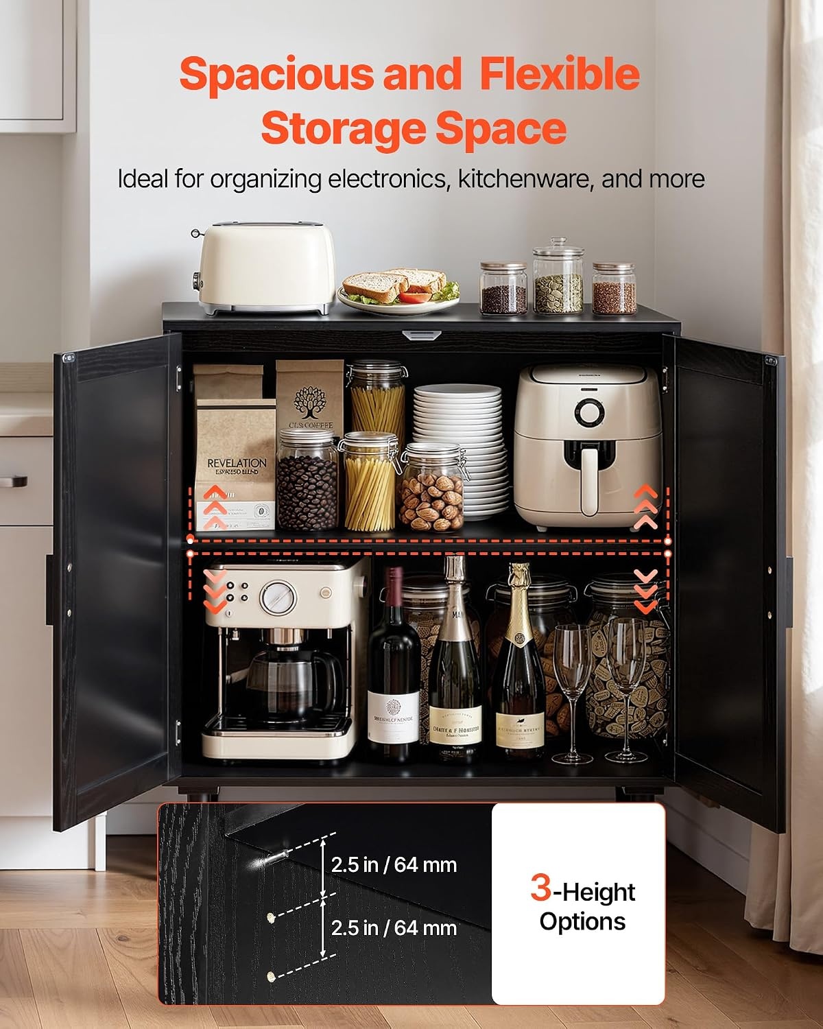 image:imageVEVOR Buffet Cabinet Rattan Sideboard Cabinet with 2 Magnetic Doors and Adjustable Shelves Accent Sideboard Buffet with Wooden Legs amp Power Cord Hole for Hallway Entryway Kitchen BlackPure Black