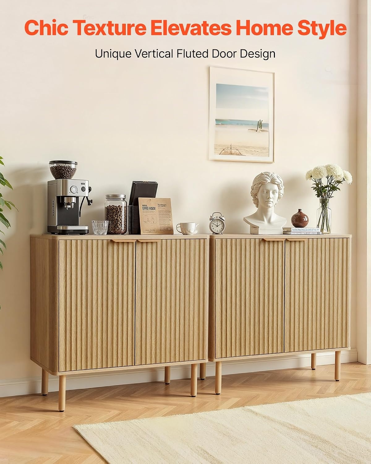 image:imageVEVOR Buffet Cabinet Sideboard Cabinet with 2Tier Storage Coffee Bar Cabinet with Adjustable Shelves Fluted Sideboard Buffet for Hallway Entryway Living Room or Kitchen Oak2pcsOak
