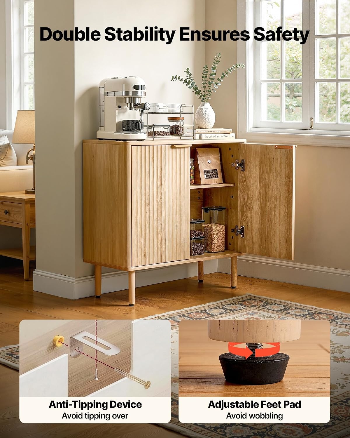 image:imageVEVOR Buffet Cabinet Sideboard Cabinet with 2Tier Storage Coffee Bar Cabinet with Adjustable Shelves Fluted Sideboard Buffet for Hallway Entryway Living Room or Kitchen Oak2pcsOak