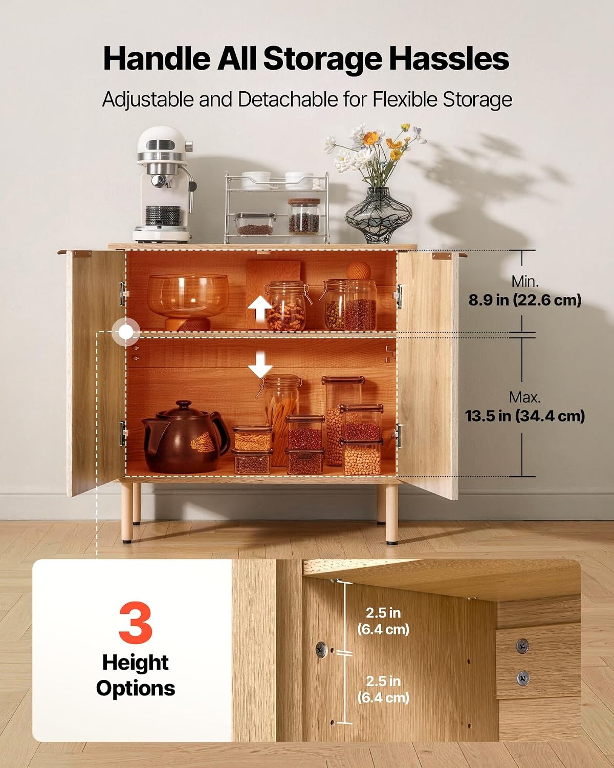 image:imageVEVOR Buffet Cabinet Sideboard Cabinet with 2Tier Storage Coffee Bar Cabinet with Adjustable Shelves Fluted Sideboard Buffet for Hallway Entryway Living Room or Kitchen Oak2pcsOak