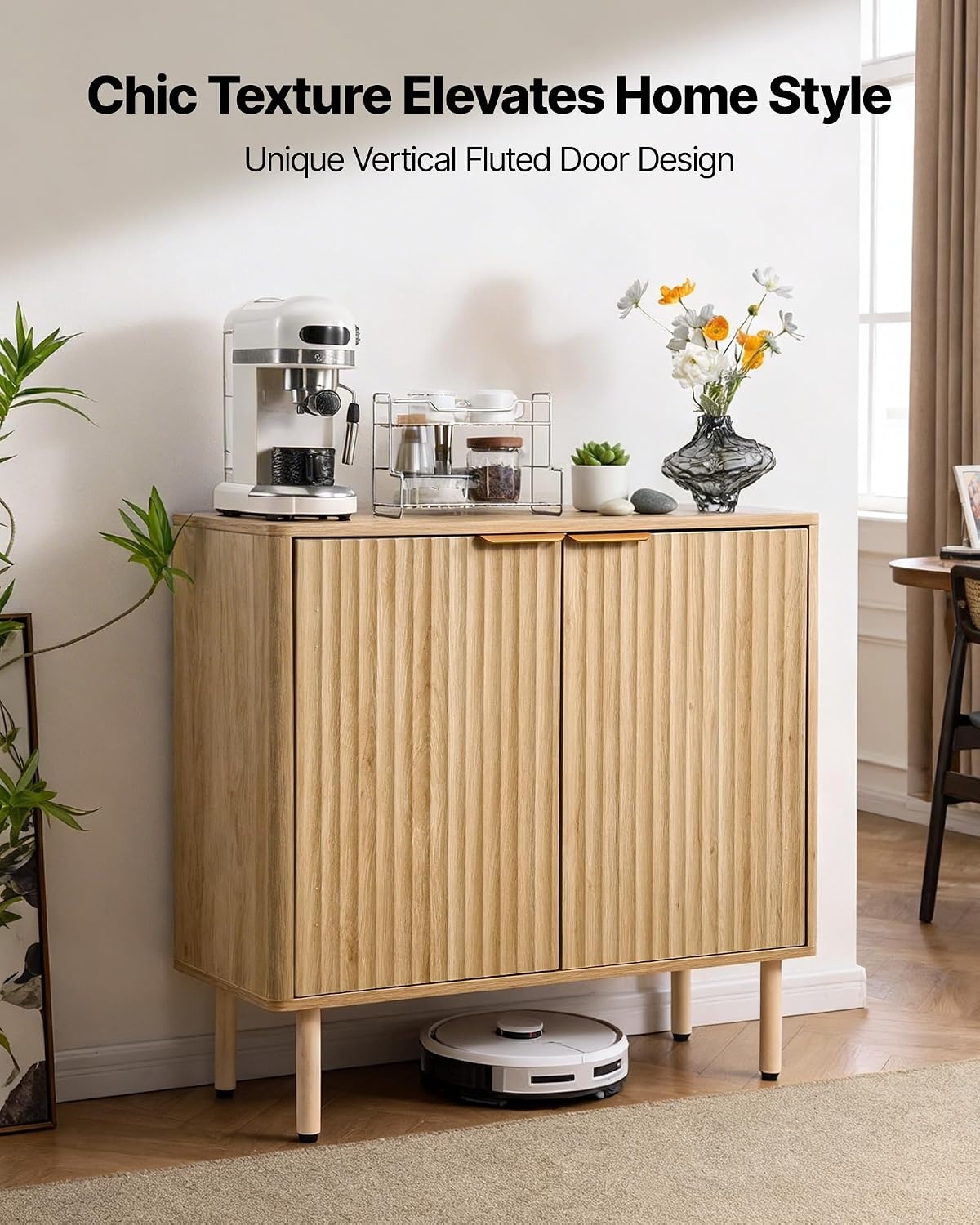 image:imageVEVOR Buffet Cabinet Sideboard Cabinet with 2Tier Storage Coffee Bar Cabinet with Adjustable Shelves Fluted Sideboard Buffet for Hallway Entryway Living Room or Kitchen Oak2pcsOak