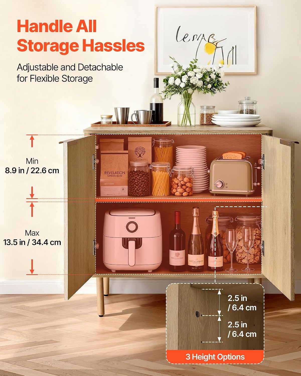 image:imageVEVOR Buffet Cabinet Sideboard Cabinet with 2Tier Storage Coffee Bar Cabinet with Adjustable Shelves Fluted Sideboard Buffet for Hallway Entryway Living Room or Kitchen Oak2pcsOak