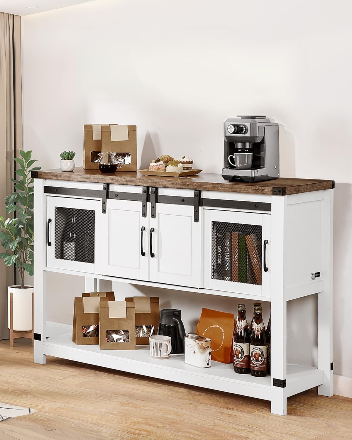 image:imageVEVOR Buffet Cabinet Sideboard Cabinet with 2Tier Storage Coffee Bar Cabinet with Adjustable Shelves Fluted Sideboard Buffet for Hallway Entryway Living Room or Kitchen Oak2pcsWhite