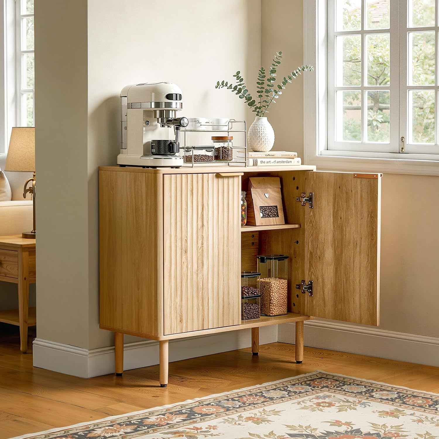 image:imageVEVOR Buffet Cabinet Sideboard Cabinet with 2Tier Storage Coffee Bar Cabinet with Adjustable Shelves Fluted Sideboard Buffet for Hallway Entryway Living Room or Kitchen Oak2pcsOak