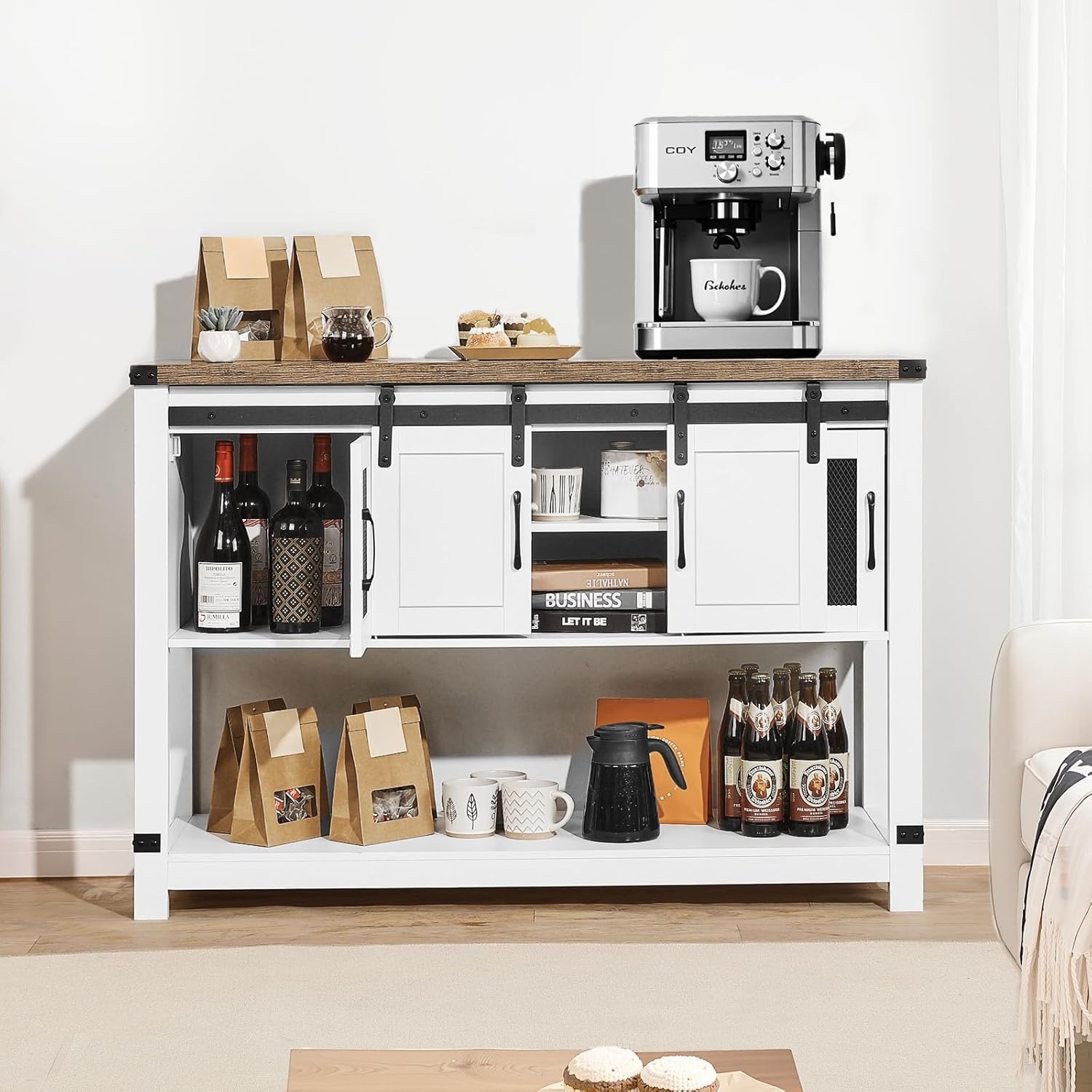image:imageVEVOR Buffet Cabinet Sideboard Cabinet with 2Tier Storage Coffee Bar Cabinet with Adjustable Shelves Fluted Sideboard Buffet for Hallway Entryway Living Room or Kitchen Oak2pcsWhite