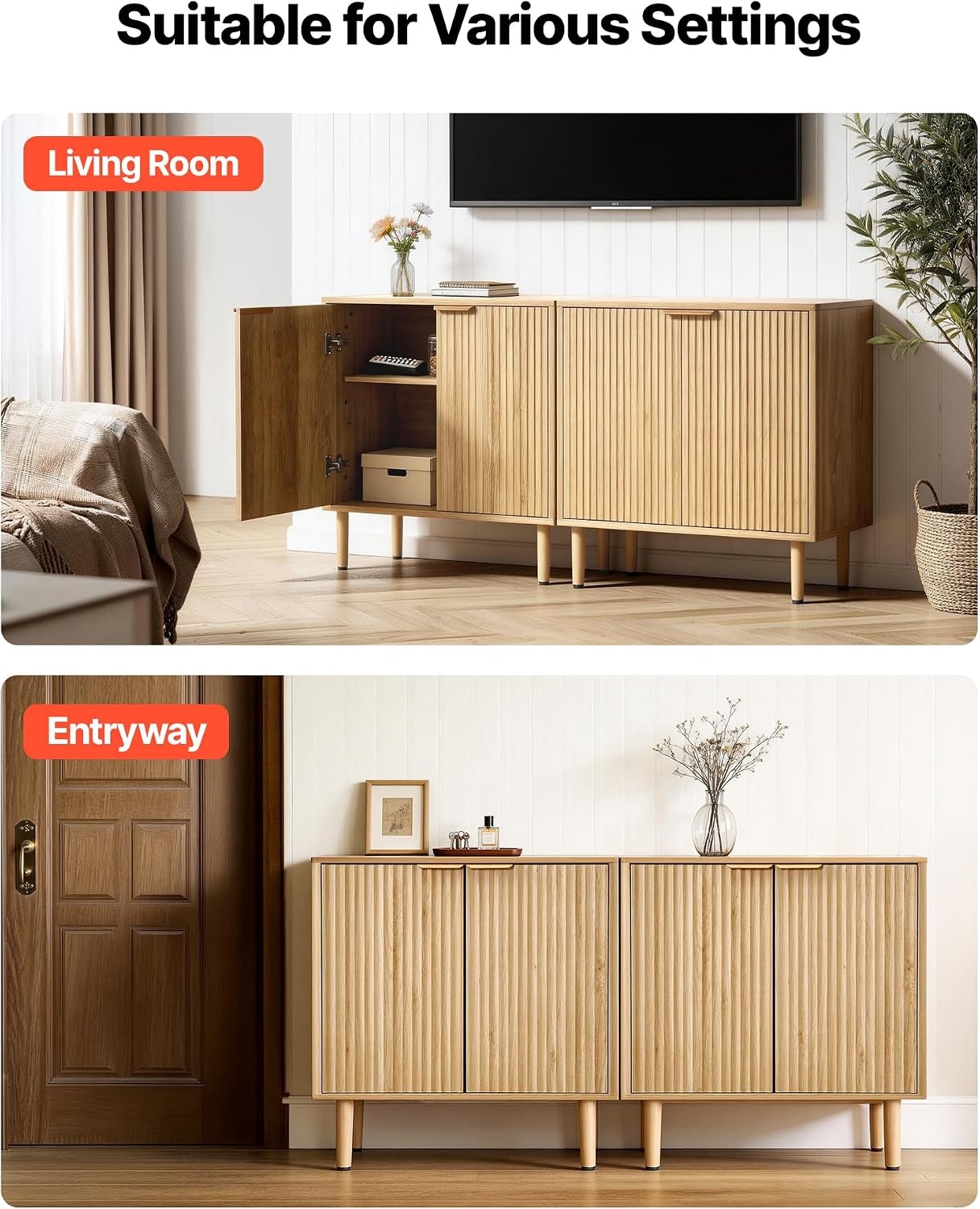 image:imageVEVOR Buffet Cabinet Sideboard Cabinet with 2Tier Storage Coffee Bar Cabinet with Adjustable Shelves Fluted Sideboard Buffet for Hallway Entryway Living Room or Kitchen Oak2pcsOak