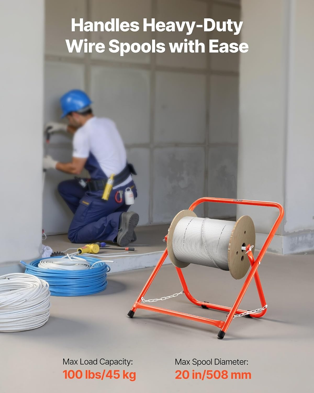 image:imageVEVOR Cable Dispenser Floor or Stud Mounted Wire Spool Rack Portable Wire Rack Dispenser with AntiSlip Metal Handle for Wiring Transport Swivel Eyelet for Electrical Industrial and Retail UseCable Caddy