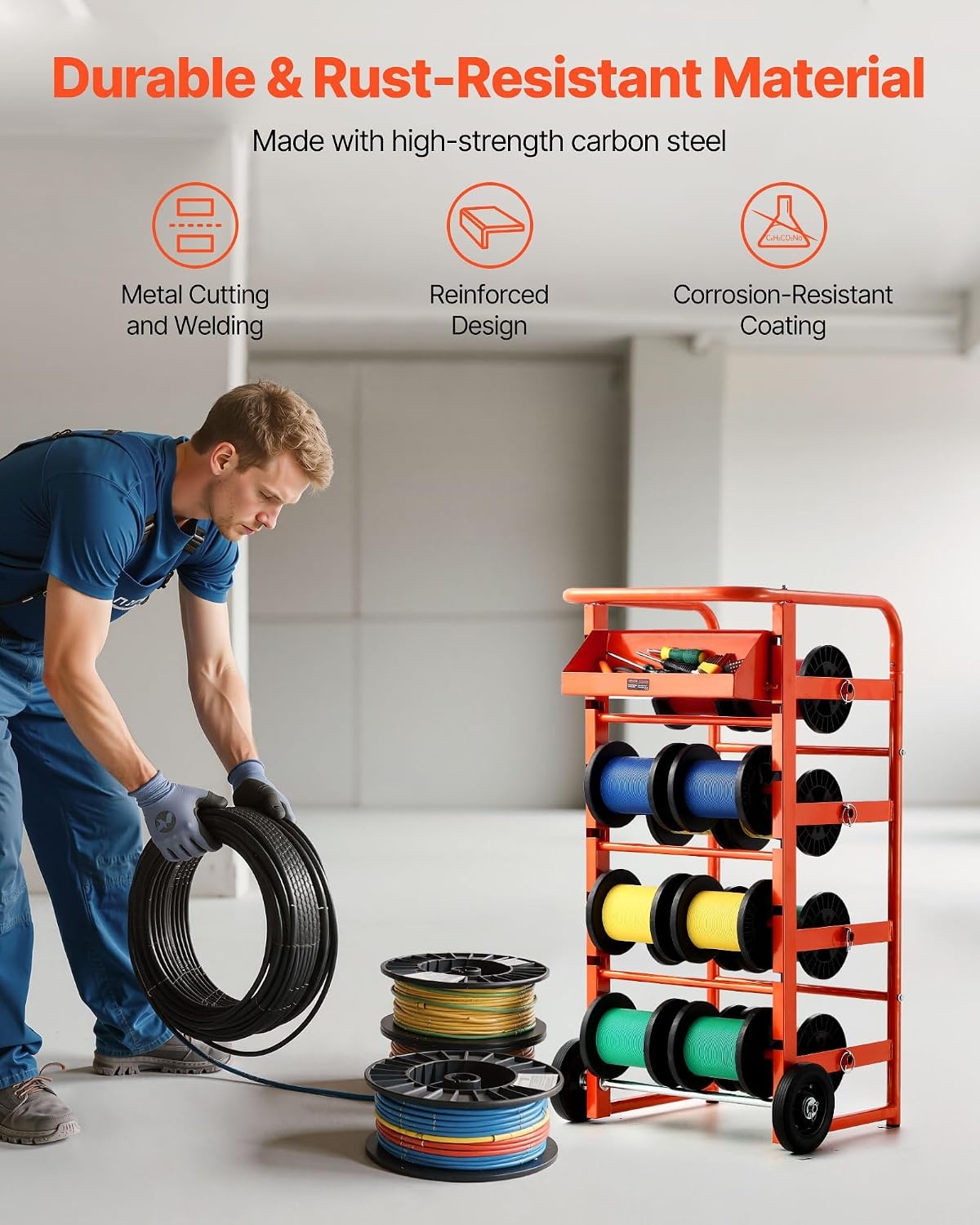 image:imageVEVOR Cable Dispenser Floor or Stud Mounted Wire Spool Rack Portable Wire Rack Dispenser with AntiSlip Metal Handle for Wiring Transport Swivel Eyelet for Electrical Industrial and Retail UseWire Storage Cart