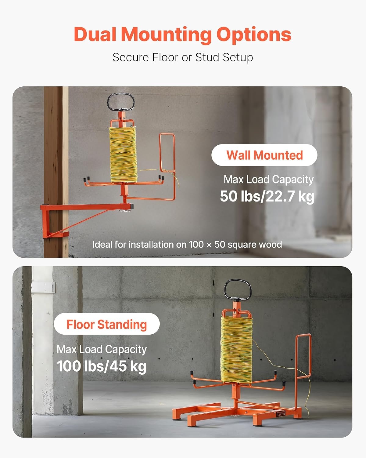 image:imageVEVOR Cable Dispenser Floor or Stud Mounted Wire Spool Rack Portable Wire Rack Dispenser with AntiSlip Metal Handle for Wiring Transport Swivel Eyelet for Electrical Industrial and Retail UseWire Dispenser