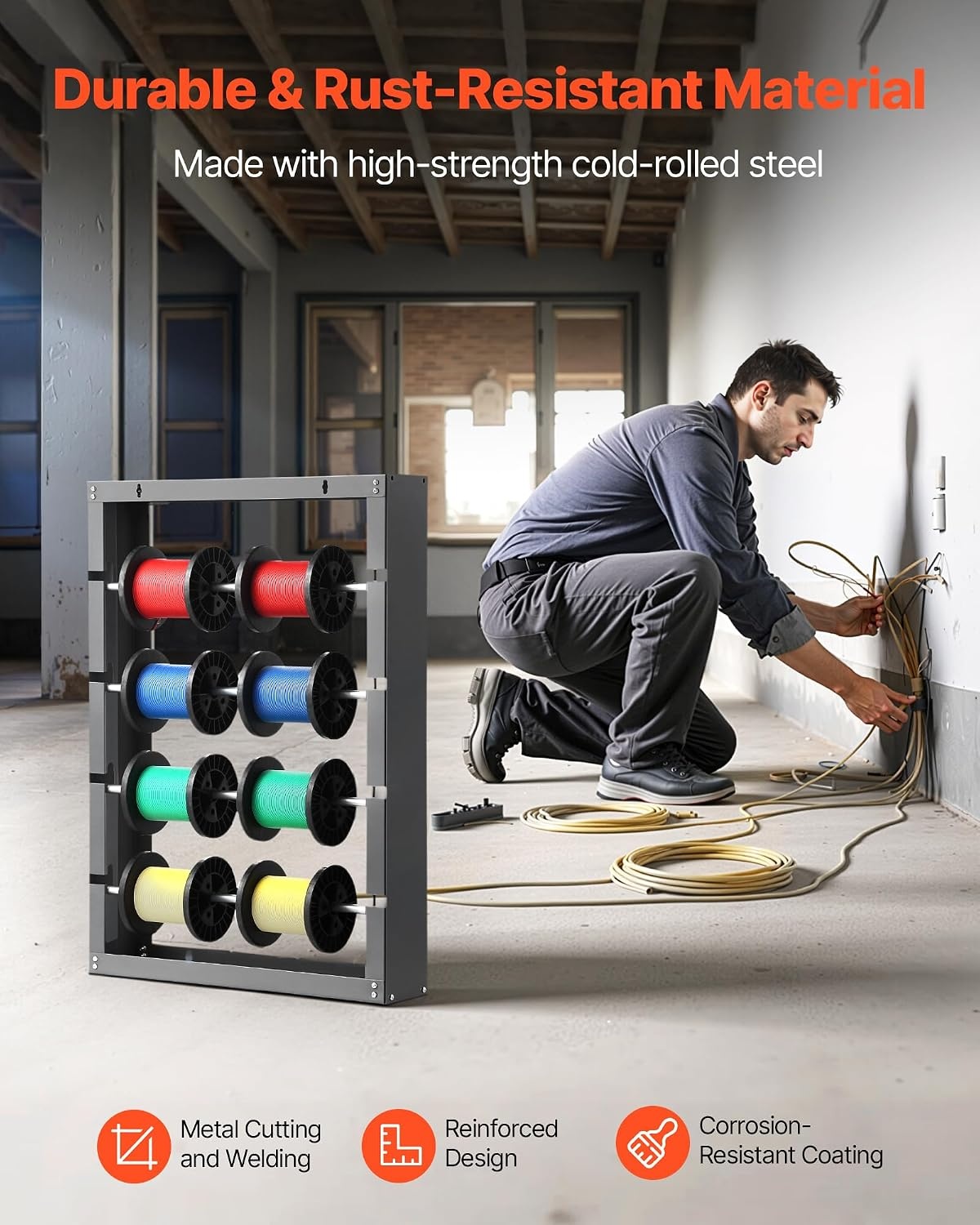 image:imageVEVOR Cable Dispenser Floor or Stud Mounted Wire Spool Rack Portable Wire Rack Dispenser with AntiSlip Metal Handle for Wiring Transport Swivel Eyelet for Electrical Industrial and Retail UseWire Spool Rack