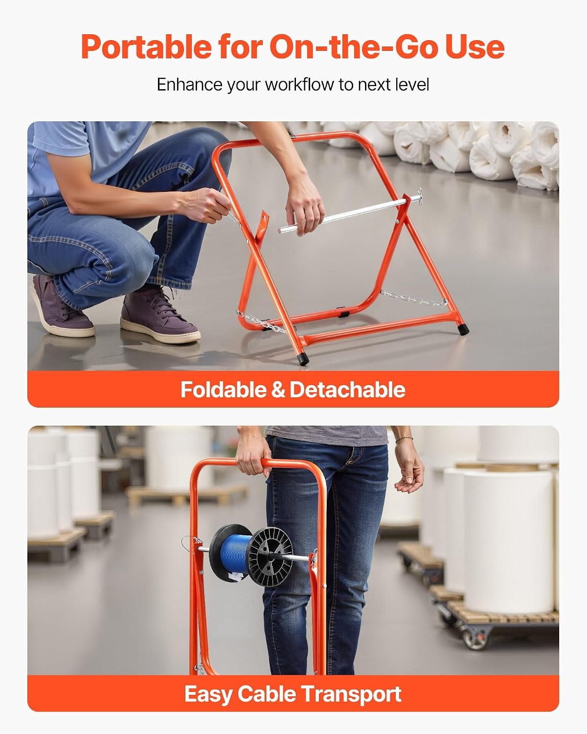 image:imageVEVOR Cable Dispenser Floor or Stud Mounted Wire Spool Rack Portable Wire Rack Dispenser with AntiSlip Metal Handle for Wiring Transport Swivel Eyelet for Electrical Industrial and Retail UseCable Caddy