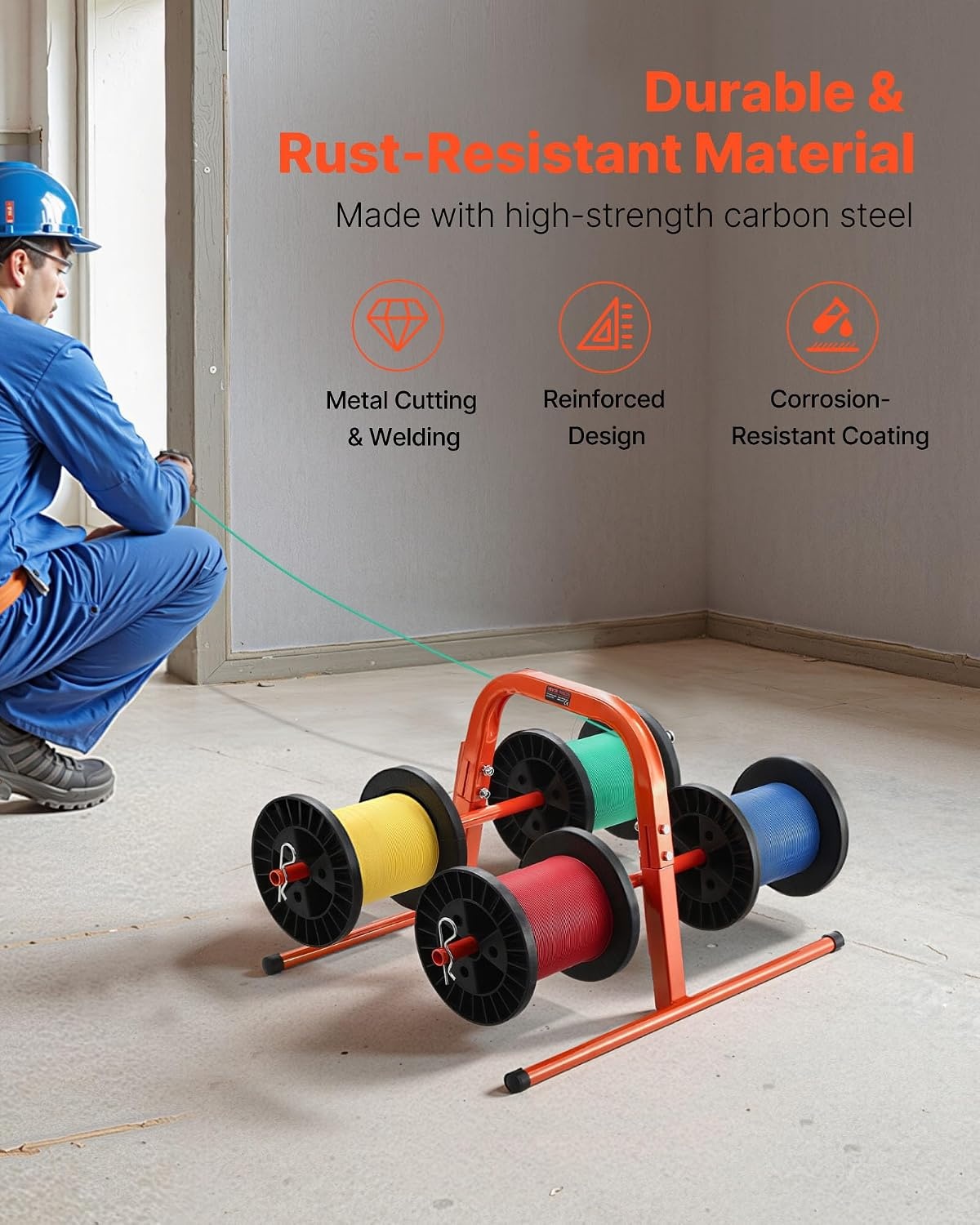 image:imageVEVOR Cable Dispenser Floor or Stud Mounted Wire Spool Rack Portable Wire Rack Dispenser with AntiSlip Metal Handle for Wiring Transport Swivel Eyelet for Electrical Industrial and Retail UseCable Dispenser