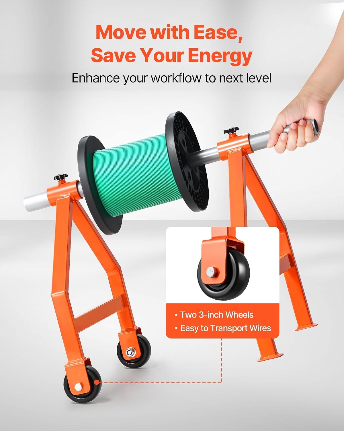 image:imageVEVOR Cable Dispenser Floor or Stud Mounted Wire Spool Rack Portable Wire Rack Dispenser with AntiSlip Metal Handle for Wiring Transport Swivel Eyelet for Electrical Industrial and Retail UseWire Rack