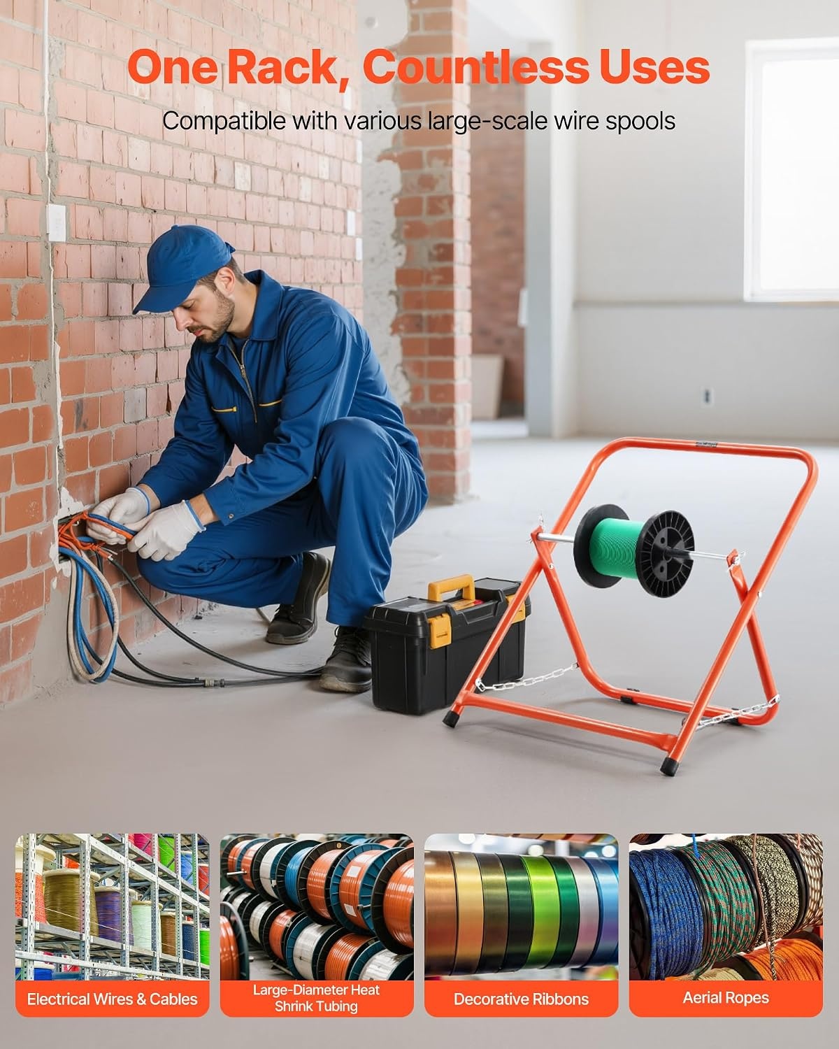 image:imageVEVOR Cable Dispenser Floor or Stud Mounted Wire Spool Rack Portable Wire Rack Dispenser with AntiSlip Metal Handle for Wiring Transport Swivel Eyelet for Electrical Industrial and Retail UseCable Caddy