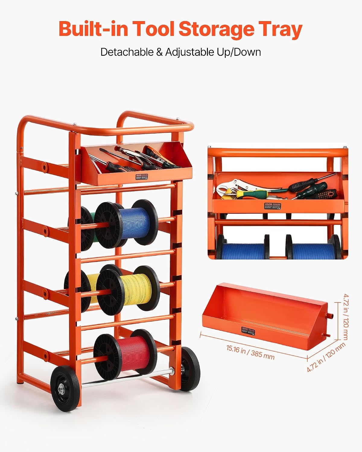 image:imageVEVOR Cable Dispenser Floor or Stud Mounted Wire Spool Rack Portable Wire Rack Dispenser with AntiSlip Metal Handle for Wiring Transport Swivel Eyelet for Electrical Industrial and Retail UseWire Storage Cart