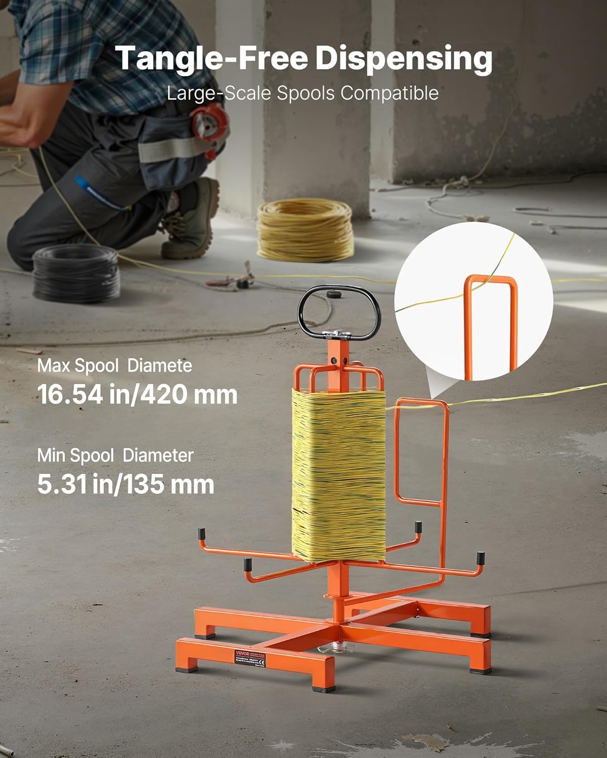 image:imageVEVOR Cable Dispenser Floor or Stud Mounted Wire Spool Rack Portable Wire Rack Dispenser with AntiSlip Metal Handle for Wiring Transport Swivel Eyelet for Electrical Industrial and Retail UseWire Dispenser