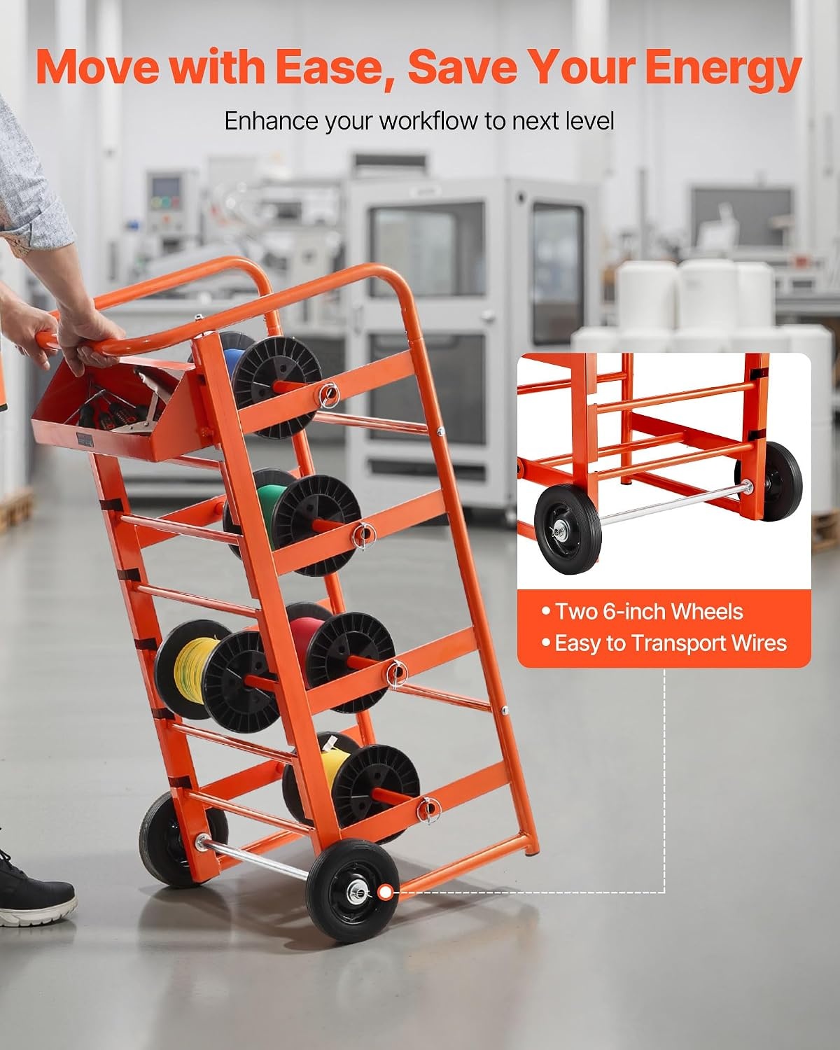 image:imageVEVOR Cable Dispenser Floor or Stud Mounted Wire Spool Rack Portable Wire Rack Dispenser with AntiSlip Metal Handle for Wiring Transport Swivel Eyelet for Electrical Industrial and Retail UseWire Storage Cart