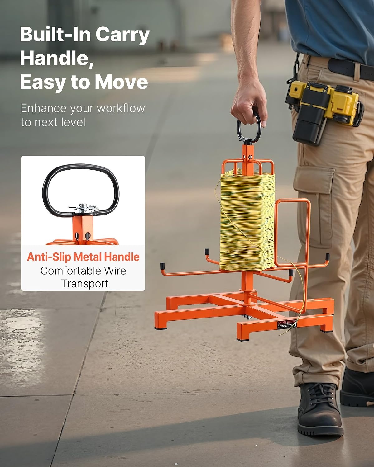 image:imageVEVOR Cable Dispenser Floor or Stud Mounted Wire Spool Rack Portable Wire Rack Dispenser with AntiSlip Metal Handle for Wiring Transport Swivel Eyelet for Electrical Industrial and Retail UseWire Dispenser