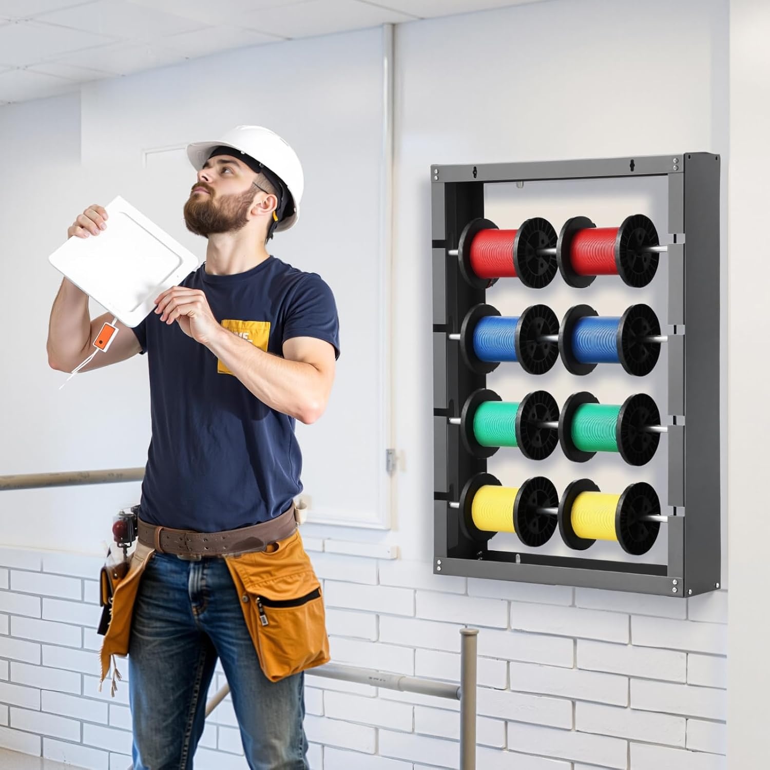 image:imageVEVOR Cable Dispenser Floor or Stud Mounted Wire Spool Rack Portable Wire Rack Dispenser with AntiSlip Metal Handle for Wiring Transport Swivel Eyelet for Electrical Industrial and Retail UseWire Spool Rack