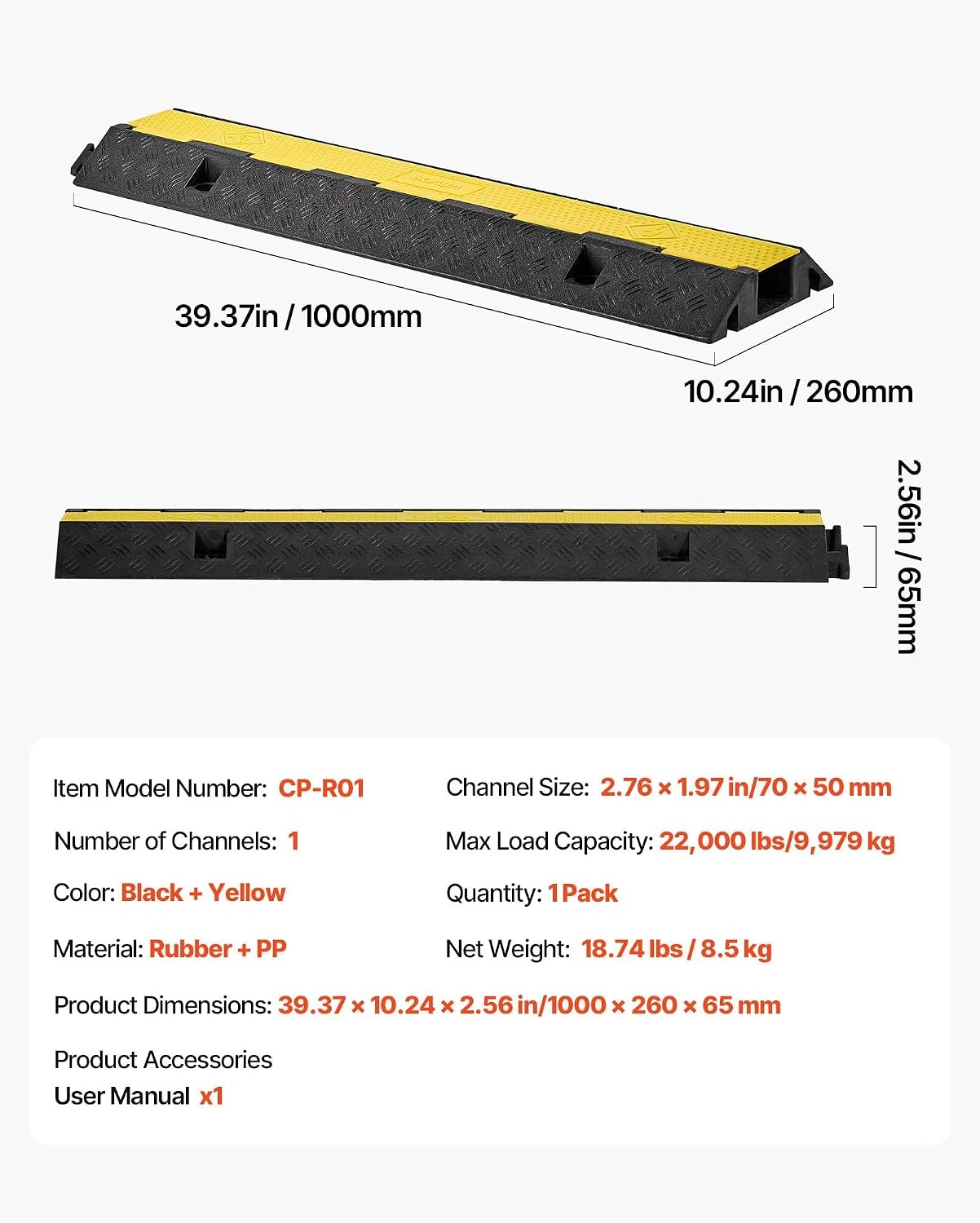 image:imageVEVOR Cable Protector Ramp 1 Channel Heavy Duty 3937 Rubber Cord Hose Wire Cover 276W x 197H Channel Size Traffic Speed Bump with FlipOpen Top Cover for Indoor Outdoor Use