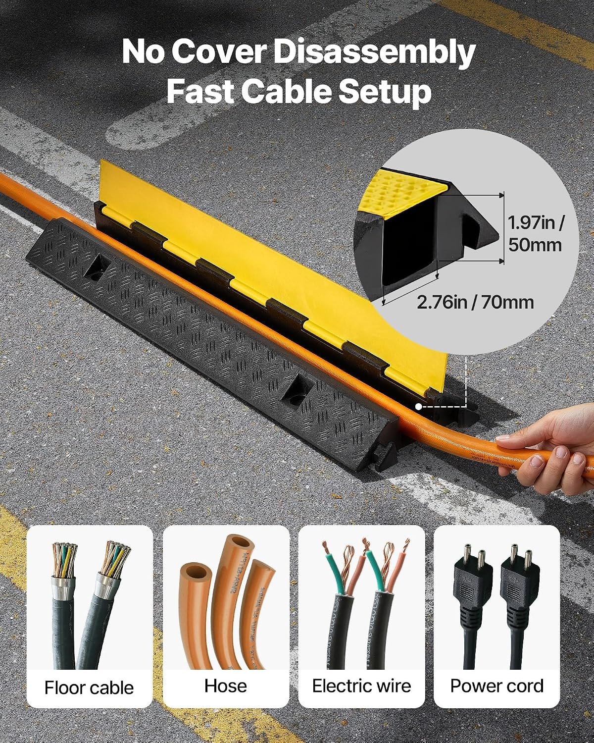 image:imageVEVOR Cable Protector Ramp 1 Channel Heavy Duty 3937 Rubber Cord Hose Wire Cover 276W x 197H Channel Size Traffic Speed Bump with FlipOpen Top Cover for Indoor Outdoor Use