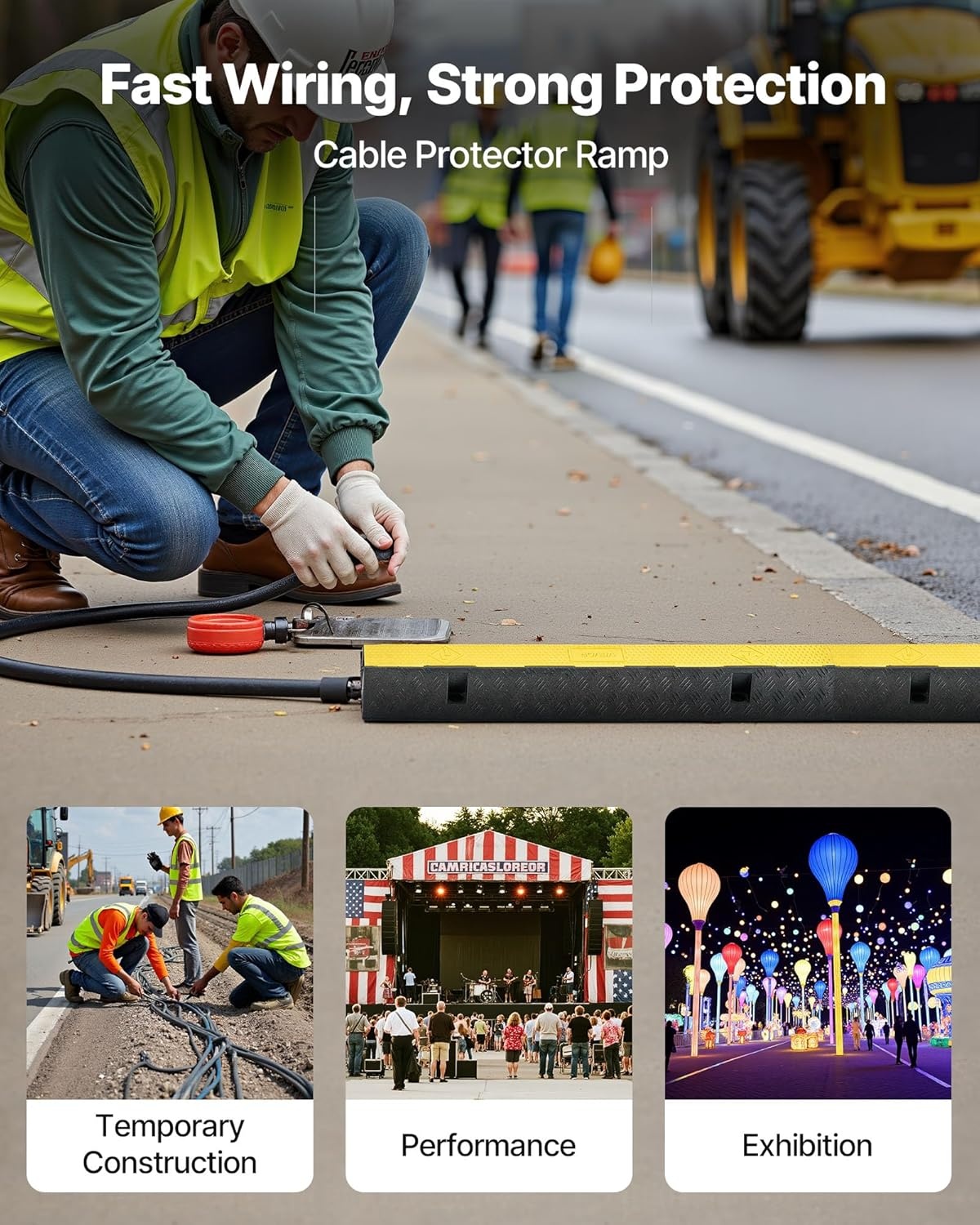 image:imageVEVOR Cable Protector Ramp 1 Channel Heavy Duty 3937 Rubber Cord Hose Wire Cover 276W x 197H Channel Size Traffic Speed Bump with FlipOpen Top Cover for Indoor Outdoor Use