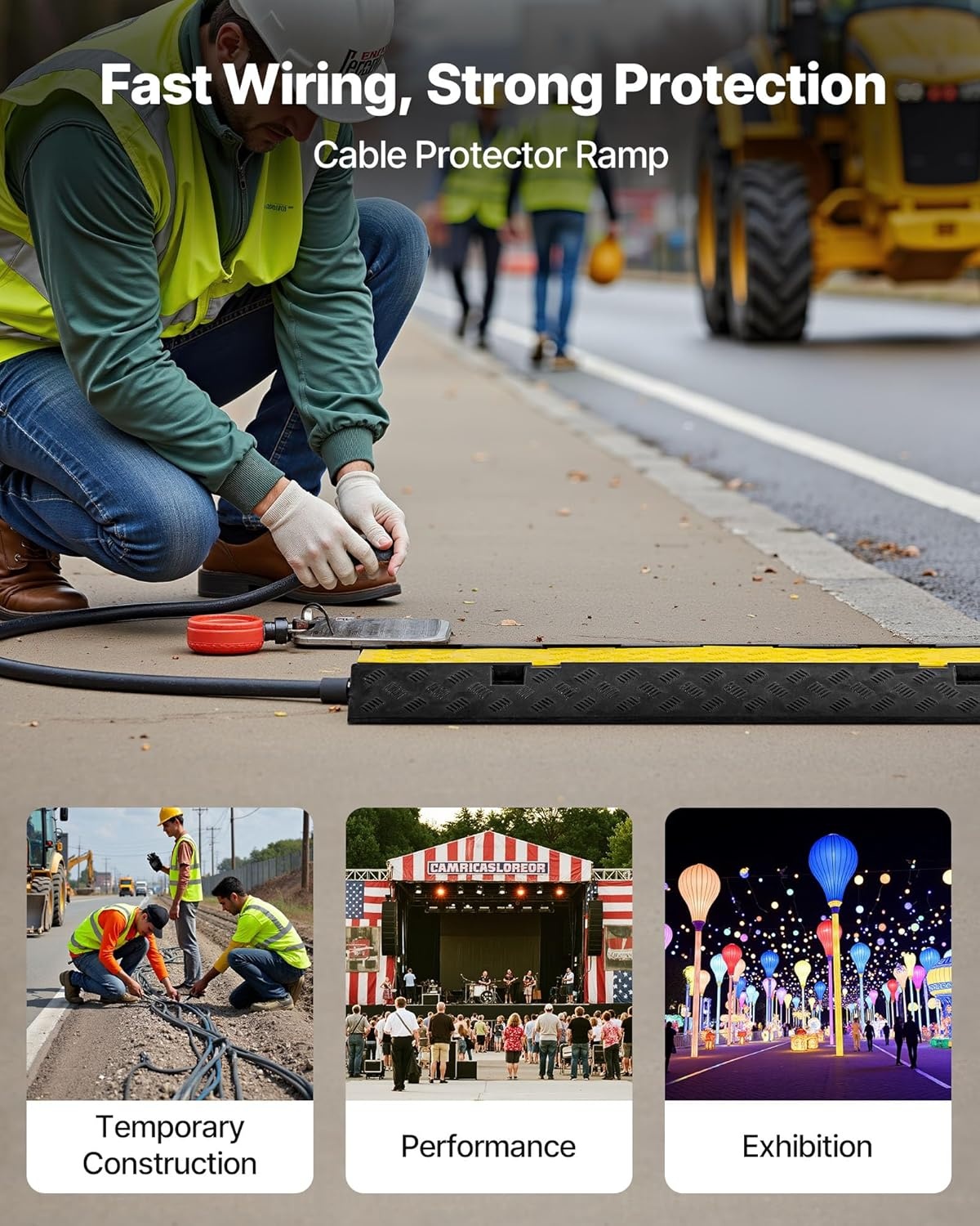 image:imageVEVOR Cable Protector Ramp 2 Channel Heavy Duty 3937 Rubber Cord Hose Wire Cover 22W x 2H Large Channel Size Traffic Speed Bump with FlipOpen Top Cover for Indoor Outdoor Use