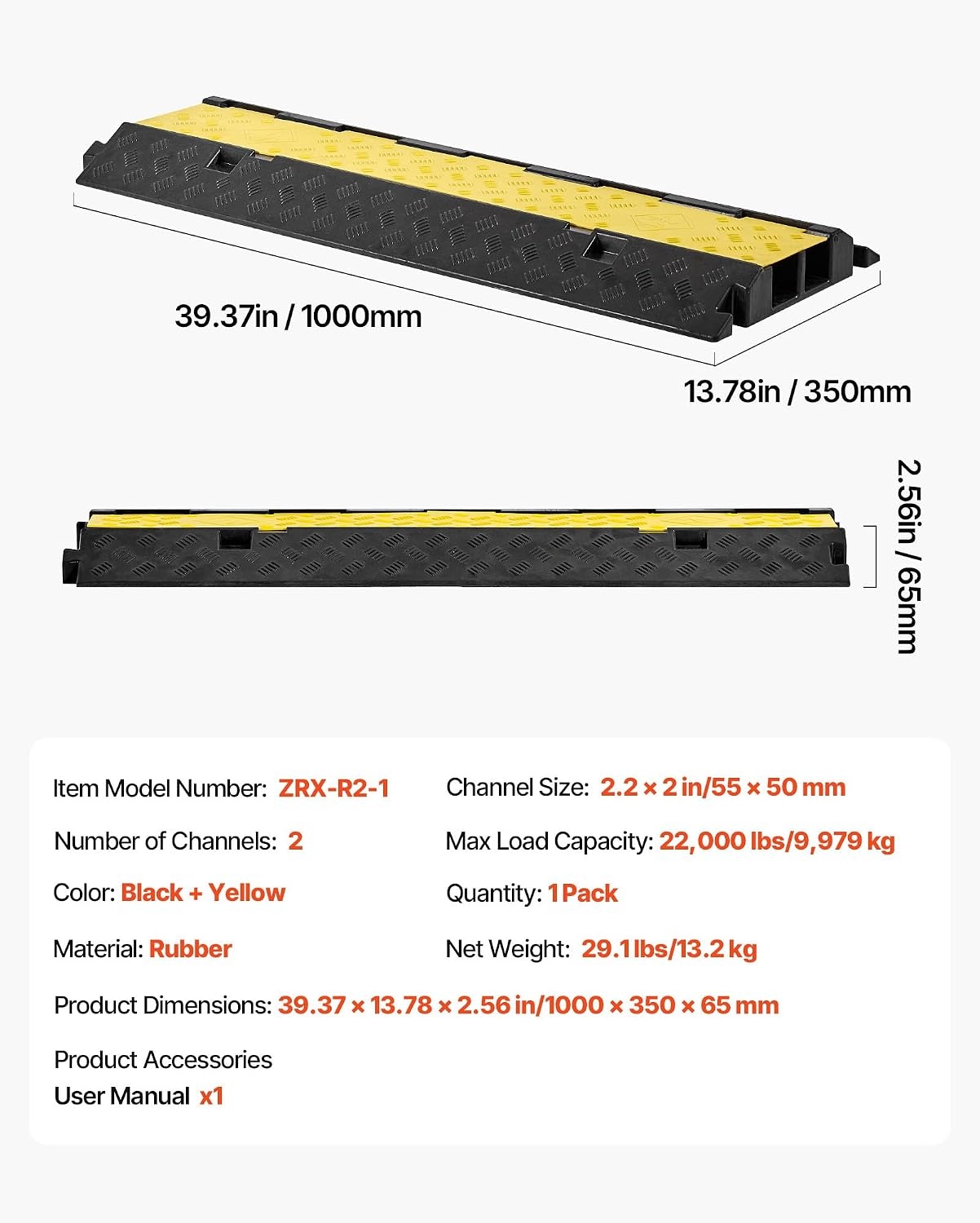 image:imageVEVOR Cable Protector Ramp 2 Channel Heavy Duty 3937 Rubber Cord Hose Wire Cover 22W x 2H Large Channel Size Traffic Speed Bump with FlipOpen Top Cover for Indoor Outdoor Use