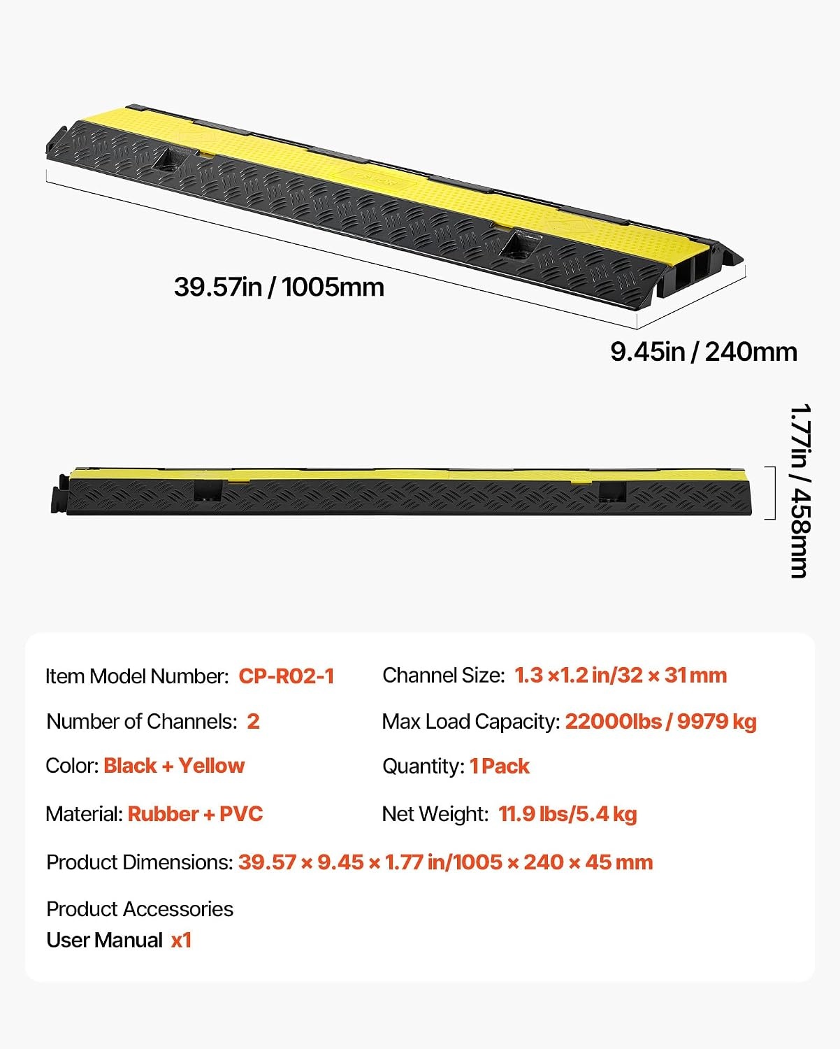 image:imageVEVOR Cable Protector Ramp 22000 lbsaxle Capacity 2 Channel Heavy Duty Rubber Cord Hose Wire Cover 13 x 12 in Channel Traffic Speed Bump with FlipOpen Top Cover for Indoor Outdoor 1 Pack2 Channel1PC