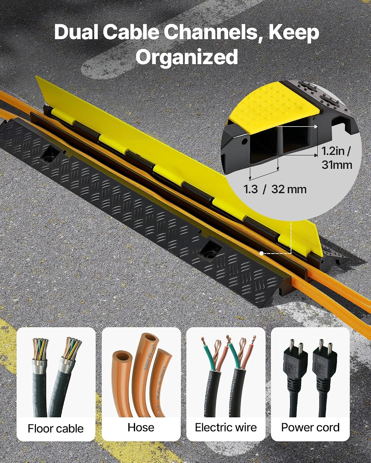 image:imageVEVOR Cable Protector Ramp 22000 lbsaxle Capacity 2 Channel Heavy Duty Rubber Cord Hose Wire Cover 13 x 12 in Channel Traffic Speed Bump with FlipOpen Top Cover for Indoor Outdoor 1 Pack2 Channel1PC