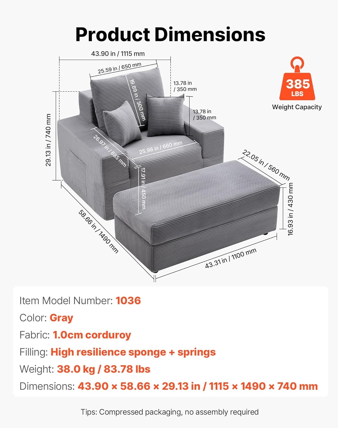 image:imageVEVOR Chaise Lounge Chair 49 Boneless Modular Chaise Lounge Indoor Oversized Corduroy Reading Chair with Throw Pillows amp Armrests Deep Seat Sofa Couch Sleeper for Living Room Bedroom BeigeGrey
