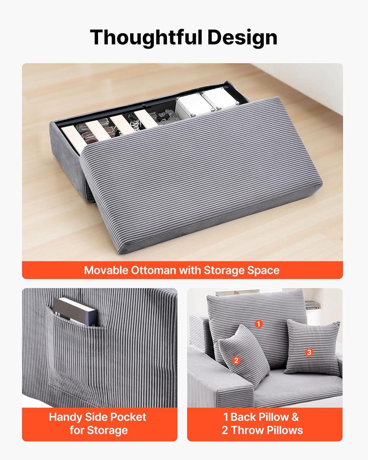 image:imageVEVOR Chaise Lounge Chair 49 Boneless Modular Chaise Lounge Indoor Oversized Corduroy Reading Chair with Throw Pillows amp Armrests Deep Seat Sofa Couch Sleeper for Living Room Bedroom BeigeGrey