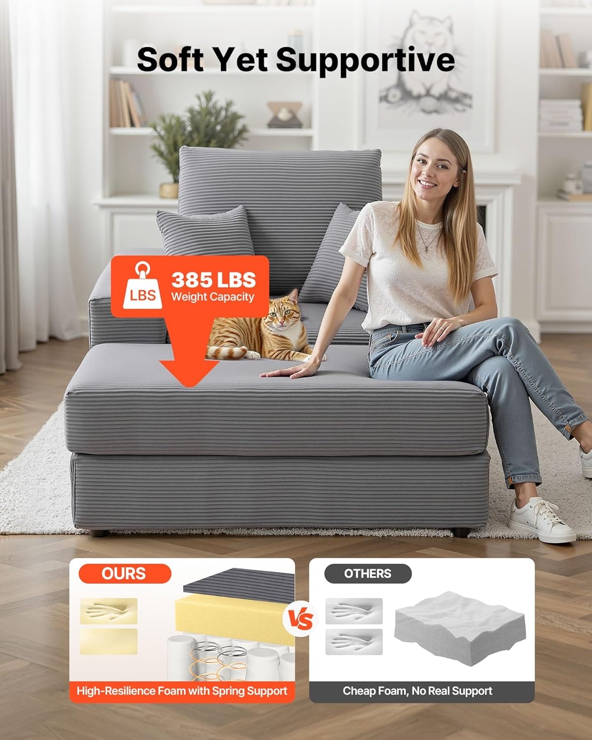 image:imageVEVOR Chaise Lounge Chair 49 Boneless Modular Chaise Lounge Indoor Oversized Corduroy Reading Chair with Throw Pillows amp Armrests Deep Seat Sofa Couch Sleeper for Living Room Bedroom BeigeGrey