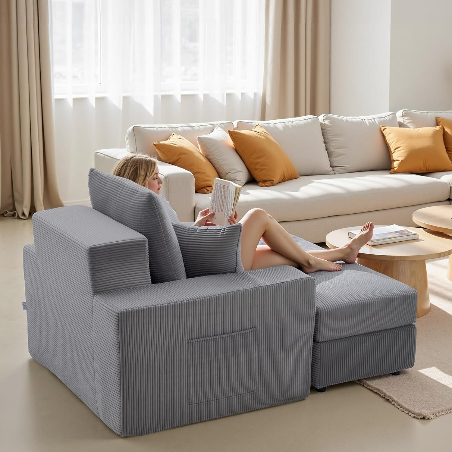 image:imageVEVOR Chaise Lounge Chair 49 Boneless Modular Chaise Lounge Indoor Oversized Corduroy Reading Chair with Throw Pillows amp Armrests Deep Seat Sofa Couch Sleeper for Living Room Bedroom BeigeGrey