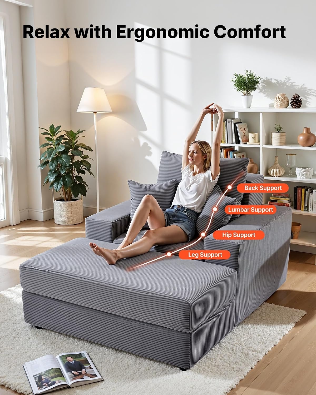 image:imageVEVOR Chaise Lounge Chair 49 Boneless Modular Chaise Lounge Indoor Oversized Corduroy Reading Chair with Throw Pillows amp Armrests Deep Seat Sofa Couch Sleeper for Living Room Bedroom BeigeGrey