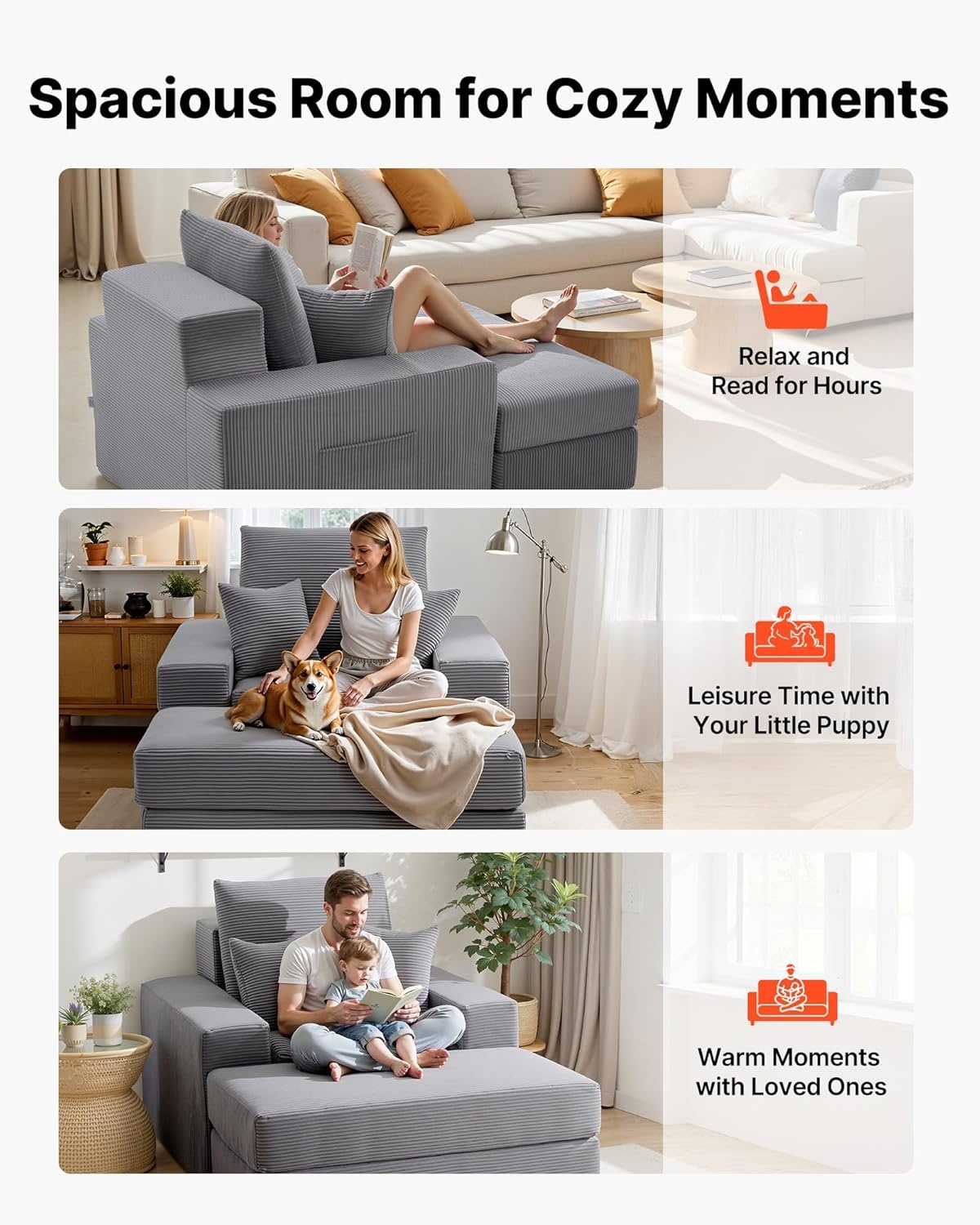 image:imageVEVOR Chaise Lounge Chair 49 Boneless Modular Chaise Lounge Indoor Oversized Corduroy Reading Chair with Throw Pillows amp Armrests Deep Seat Sofa Couch Sleeper for Living Room Bedroom BeigeGrey