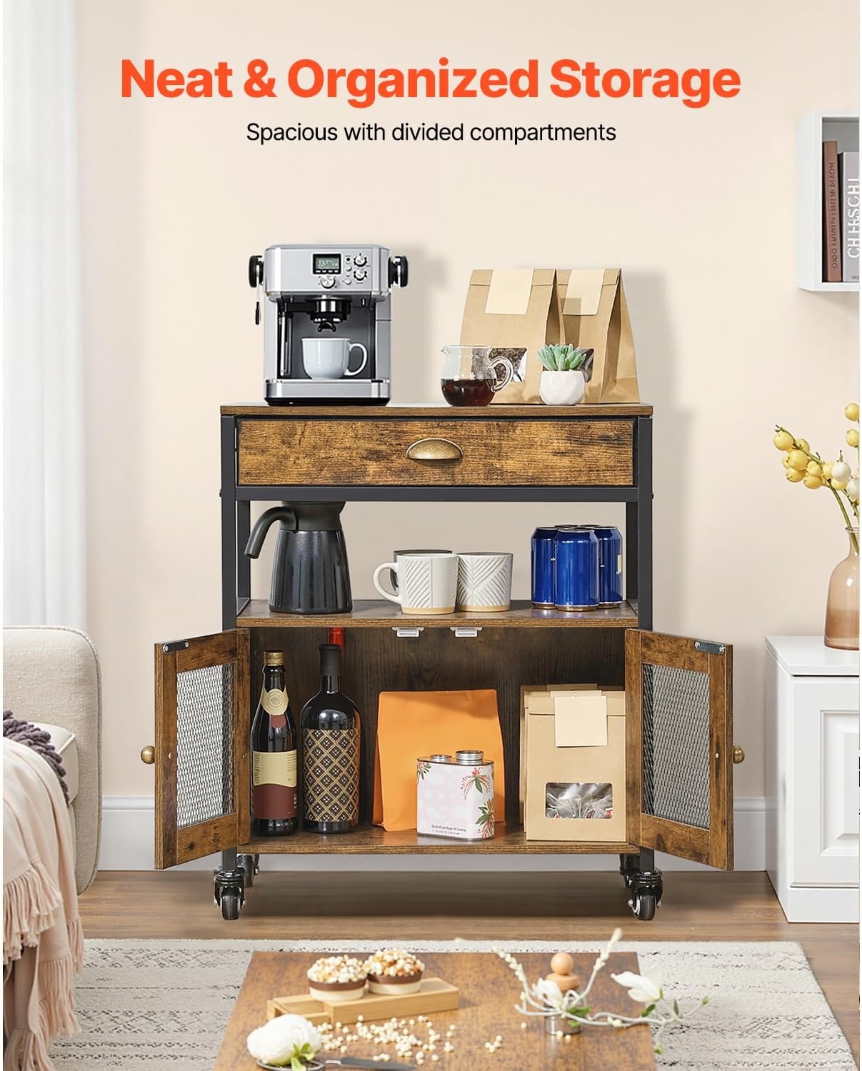 image:imageVEVOR Coffee Bar Cabinet 24 Inch Farmhouse Bar Cabinet with Storage Movable Coffee Table with Wheels amp Mesh Door Sideboard Buffet for Kitchen Entryway