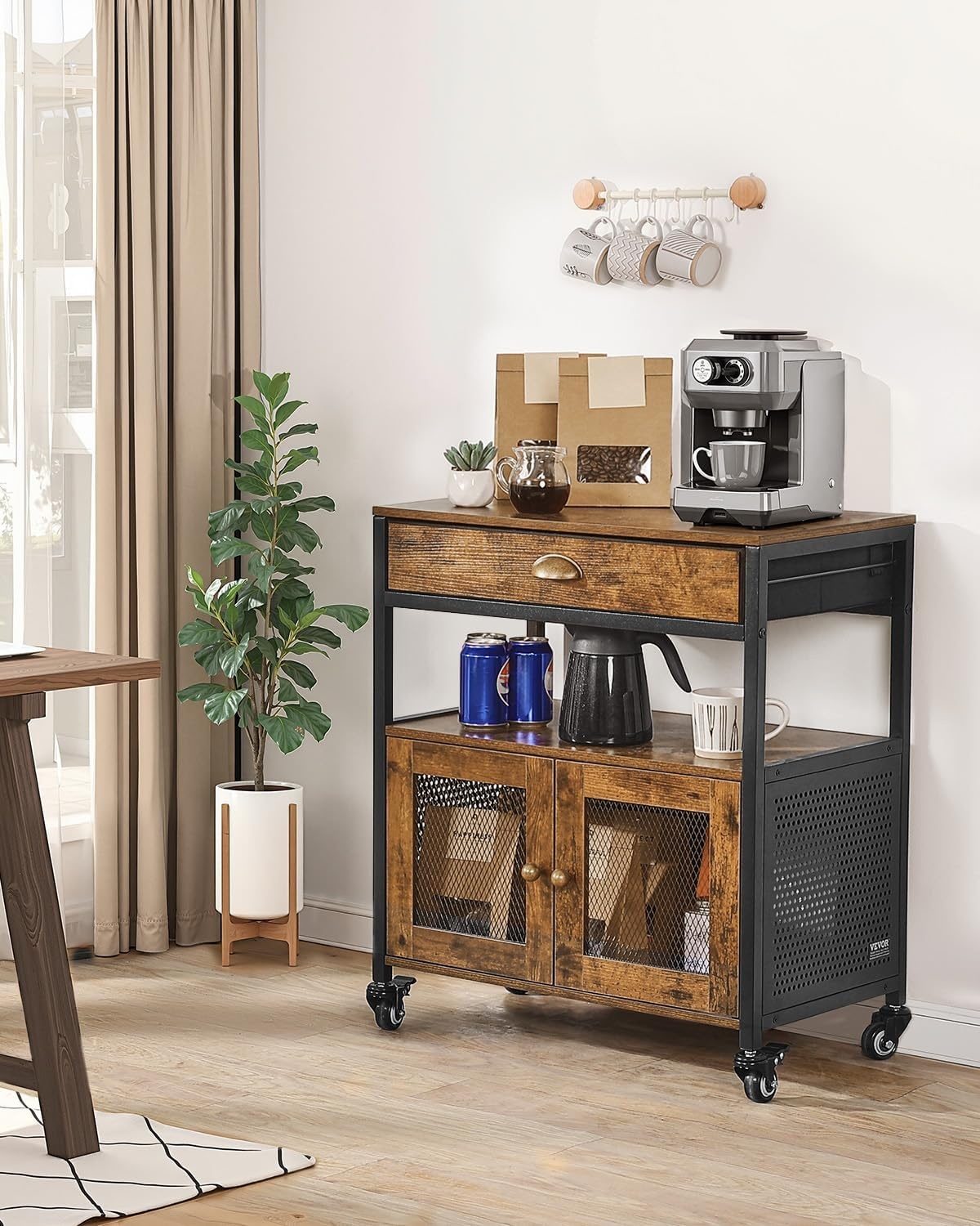 image:imageVEVOR Coffee Bar Cabinet 24 Inch Farmhouse Bar Cabinet with Storage Movable Coffee Table with Wheels amp Mesh Door Sideboard Buffet for Kitchen Entryway