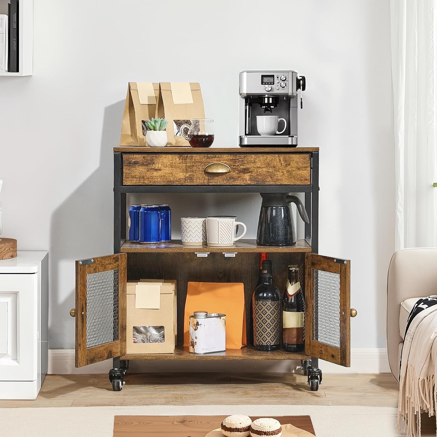 image:imageVEVOR Coffee Bar Cabinet 24 Inch Farmhouse Bar Cabinet with Storage Movable Coffee Table with Wheels amp Mesh Door Sideboard Buffet for Kitchen Entryway