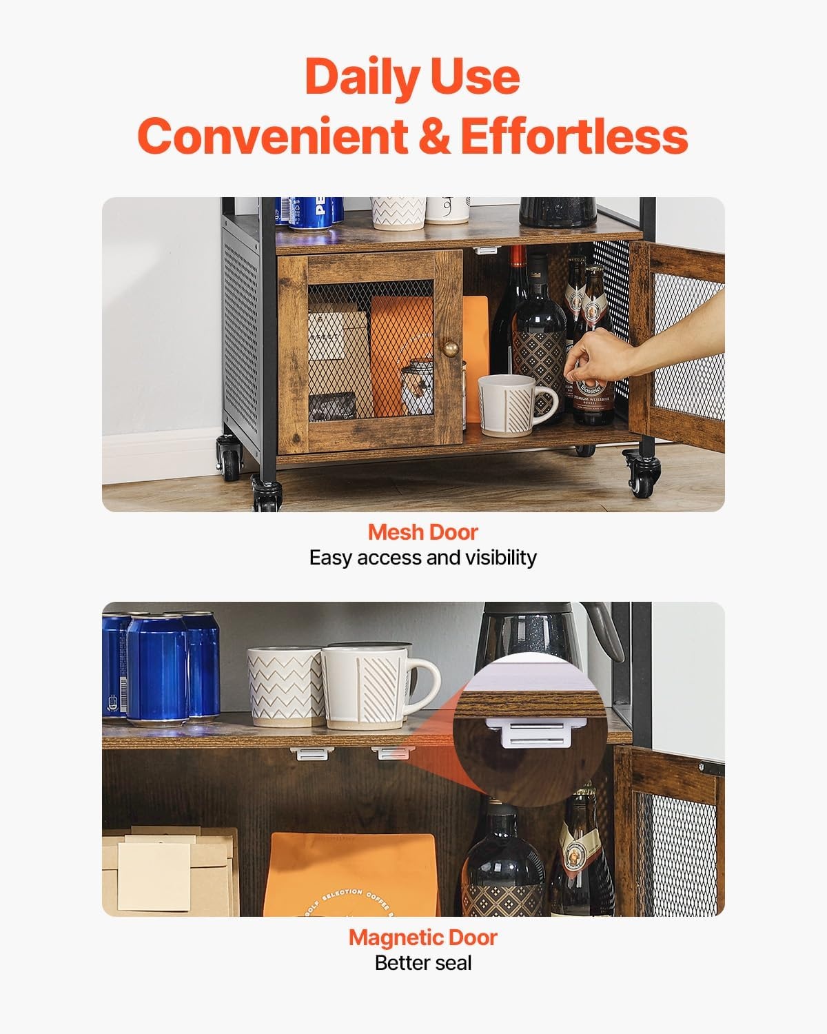 image:imageVEVOR Coffee Bar Cabinet 24 Inch Farmhouse Bar Cabinet with Storage Movable Coffee Table with Wheels amp Mesh Door Sideboard Buffet for Kitchen Entryway
