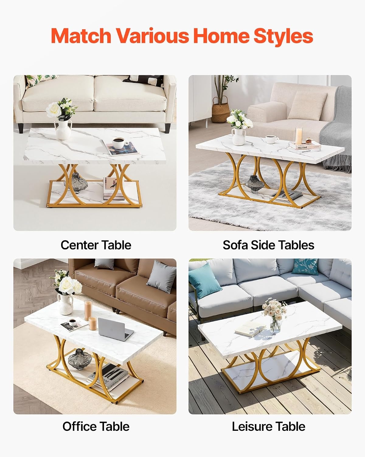 image:imageVEVOR Coffee Table Modern Faux Marble Coffee Table Large 2Tier Rectangle Center Desk with Geometric Legs Minimalist Sturdy Metal Frame Accent End Desk for Living Room Office Easy Assembly White472 Inch