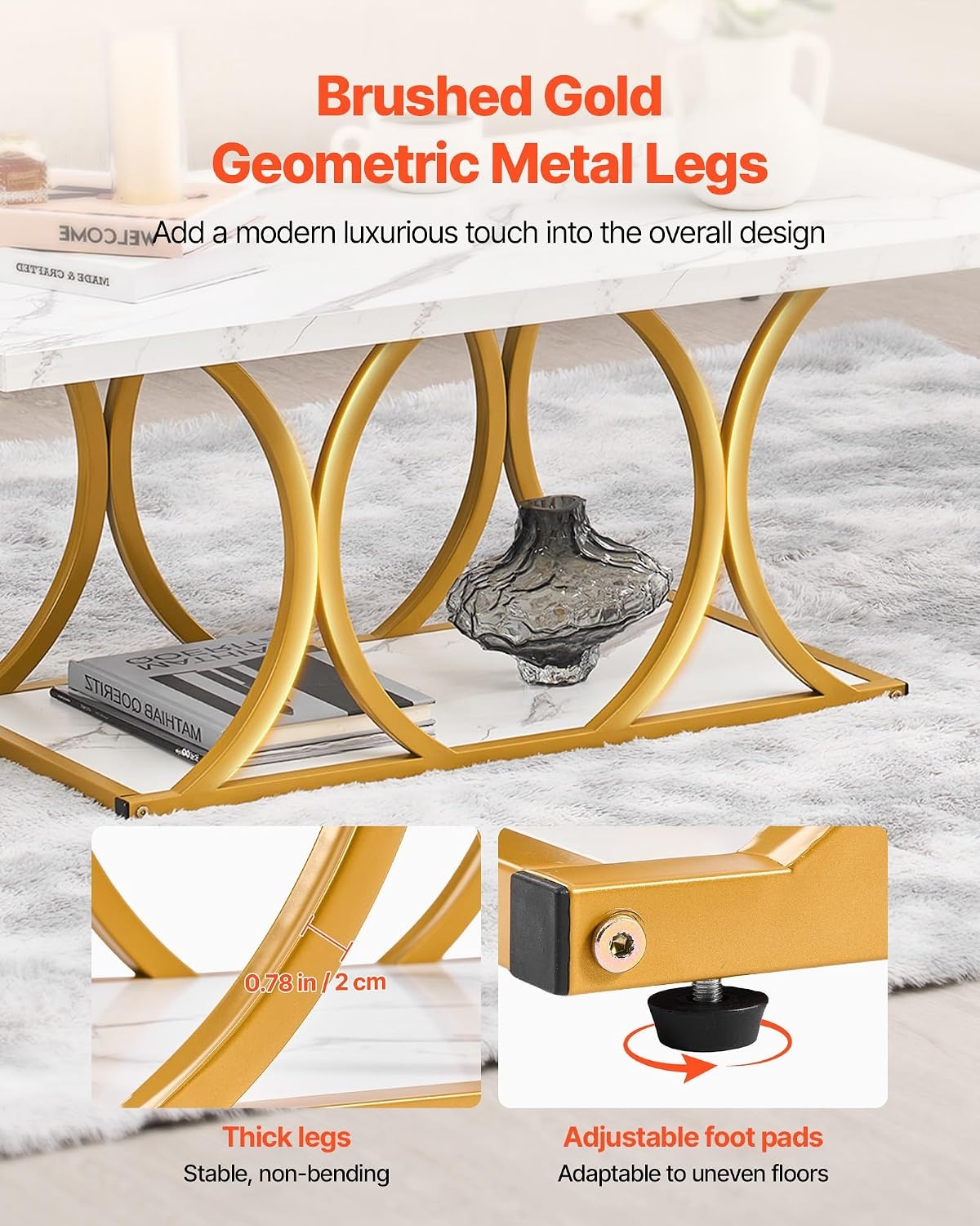 image:imageVEVOR Coffee Table Modern Faux Marble Coffee Table Large 2Tier Rectangle Center Desk with Geometric Legs Minimalist Sturdy Metal Frame Accent End Desk for Living Room Office Easy Assembly White472 Inch