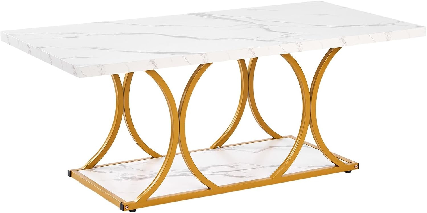 image:imageVEVOR Coffee Table Modern Faux Marble Coffee Table Large 2Tier Rectangle Center Desk with Geometric Legs Minimalist Sturdy Metal Frame Accent End Desk for Living Room Office Easy Assembly White472 Inch