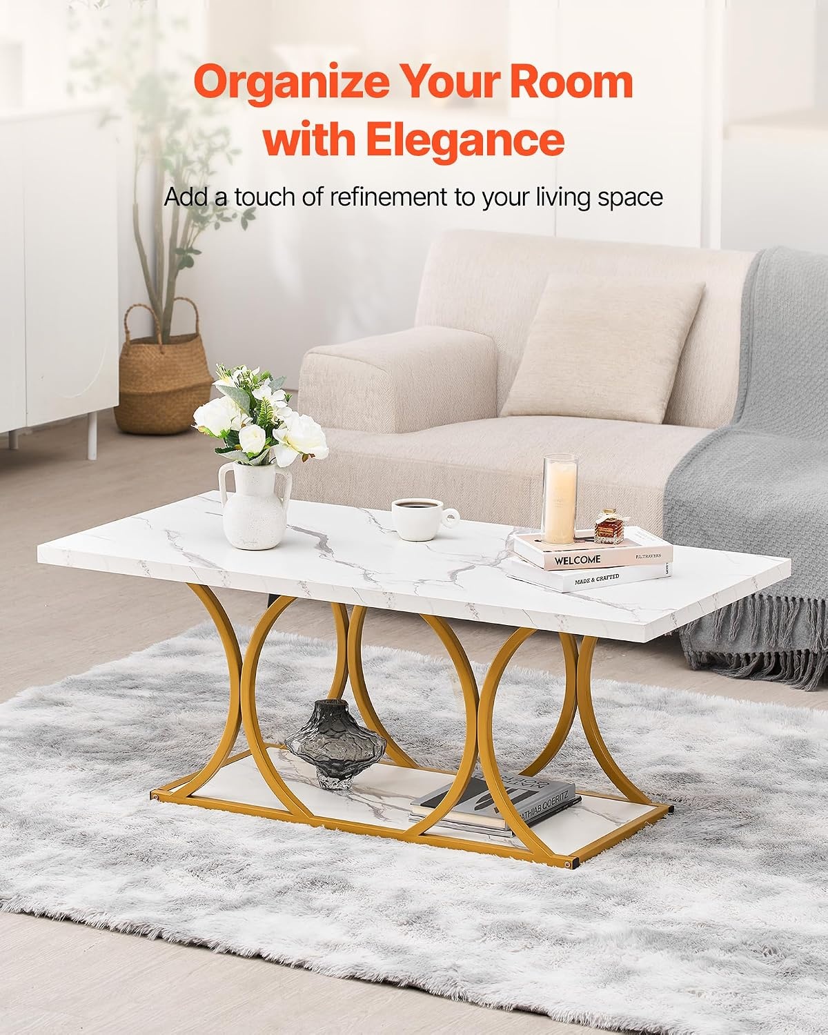 image:imageVEVOR Coffee Table Modern Faux Marble Coffee Table Large 2Tier Rectangle Center Desk with Geometric Legs Minimalist Sturdy Metal Frame Accent End Desk for Living Room Office Easy Assembly White472 Inch