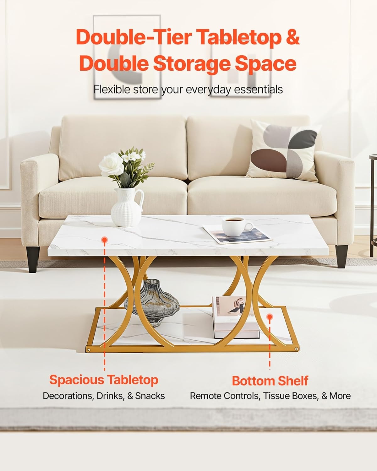 image:imageVEVOR Coffee Table Modern Faux Marble Coffee Table Large 2Tier Rectangle Center Desk with Geometric Legs Minimalist Sturdy Metal Frame Accent End Desk for Living Room Office Easy Assembly White472 Inch