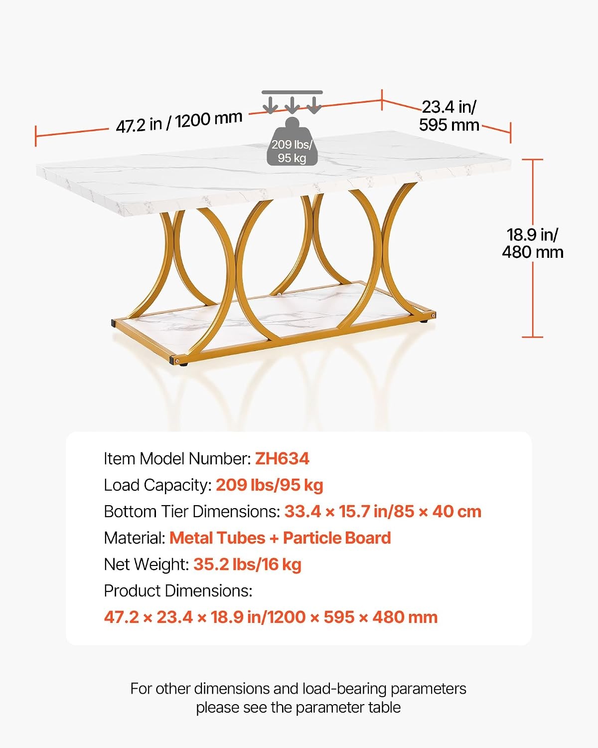 image:imageVEVOR Coffee Table Modern Faux Marble Coffee Table Large 2Tier Rectangle Center Desk with Geometric Legs Minimalist Sturdy Metal Frame Accent End Desk for Living Room Office Easy Assembly White472 Inch