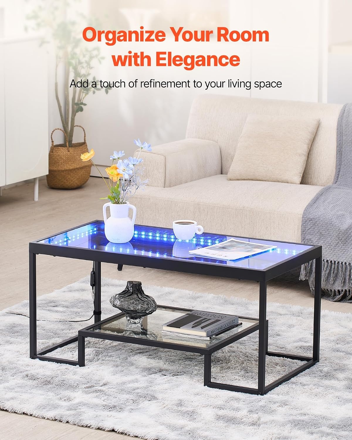 image:imageVEVOR Coffee Table Modern Tempered Glass Coffee Table with Lighting 2 Tiers Rectangle Glass Center Desk with Open Storage Minimalist Metal Accent End Desk for Living Room Office Easy Assembly393 Inch with Lights