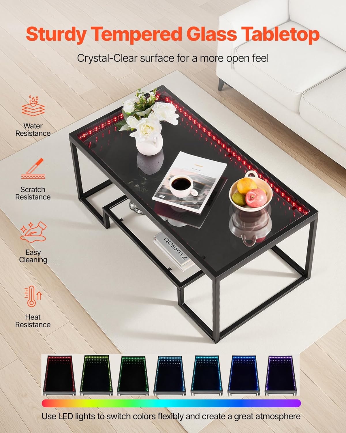 image:imageVEVOR Coffee Table Modern Tempered Glass Coffee Table with Lighting 2 Tiers Rectangle Glass Center Desk with Open Storage Minimalist Metal Accent End Desk for Living Room Office Easy Assembly393 Inch with Lights