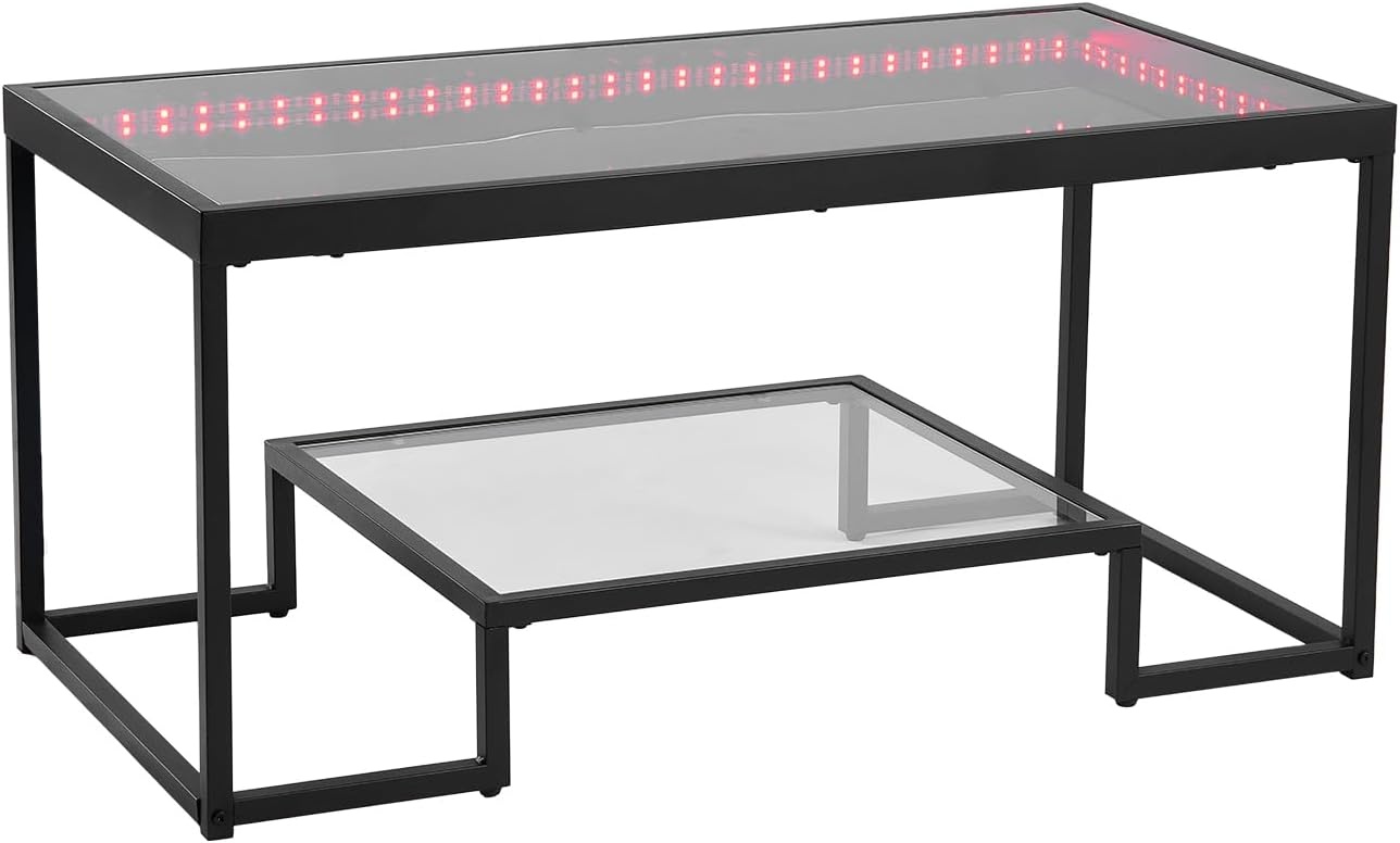 image:imageVEVOR Coffee Table Modern Tempered Glass Coffee Table with Lighting 2 Tiers Rectangle Glass Center Desk with Open Storage Minimalist Metal Accent End Desk for Living Room Office Easy Assembly393 Inch with Lights